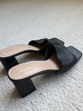 Aldo Black Square Toe Block Heel Slide Mules